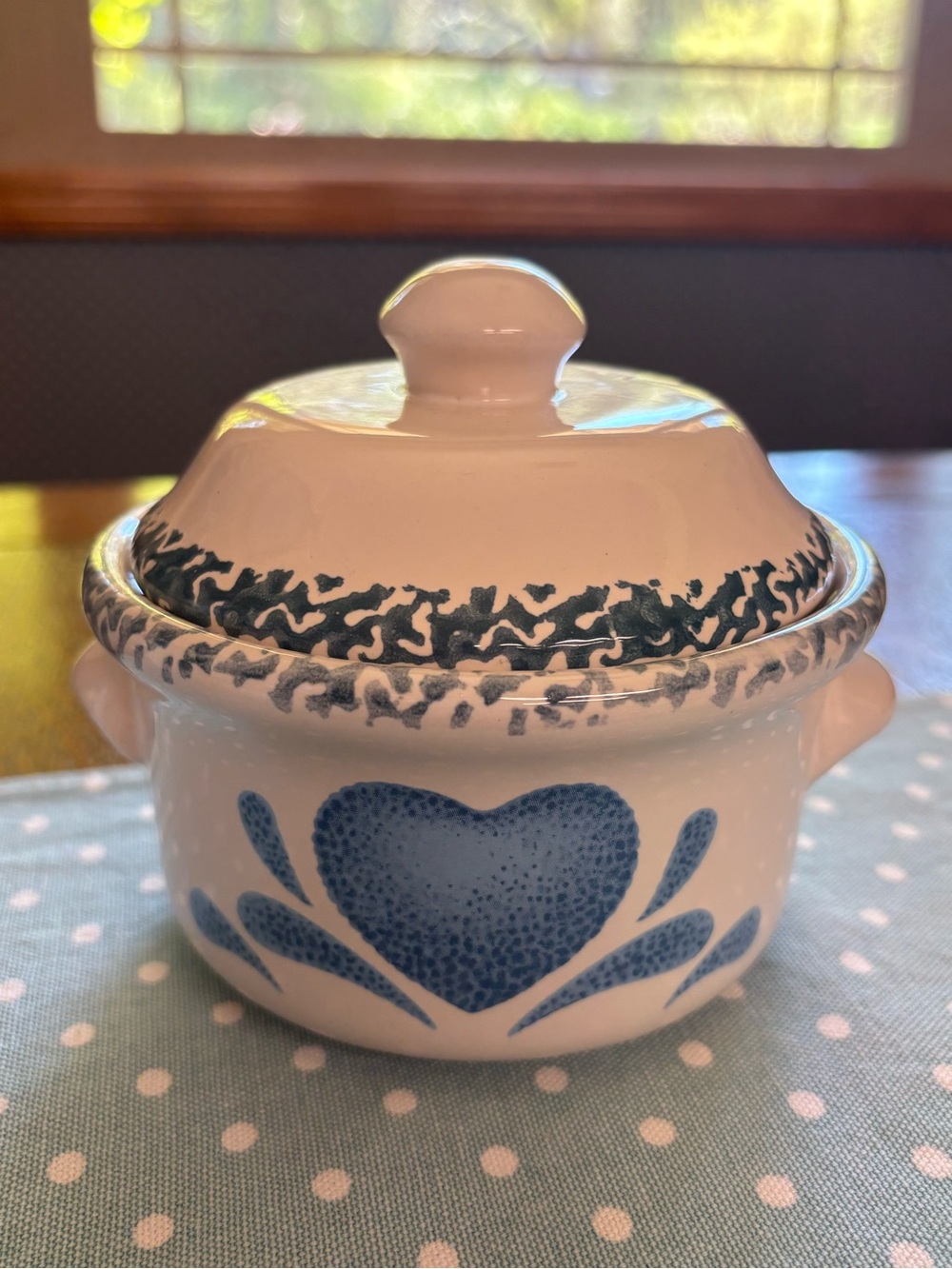 Blue Heart Sponge Pattern Crock with Lid County Kitchen Farmhouse Cottage Core